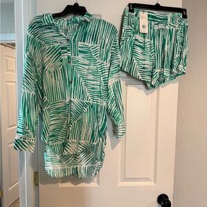 CALIA Green and White Button Down Shirt and shorts set